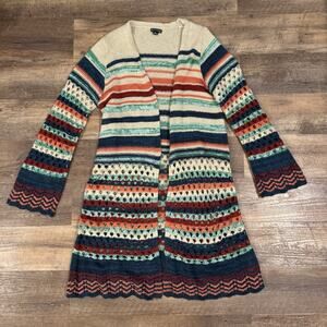 New Directions XL Petite Colorful Open Front Crochet Long Cardigan Beach Coastal